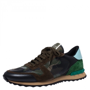 Valentino Military Green Fabric and Leather Camouflage Rockrunner Trainer Sneakers Size 44