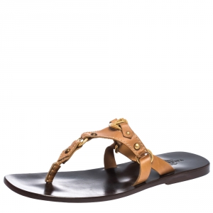 Valentino Tan Leather V Logo Flat Thong Sandals Size 44