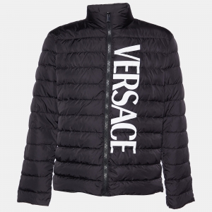 Versace Black Logo Print Down Quilted Zip Up Jacket XXL