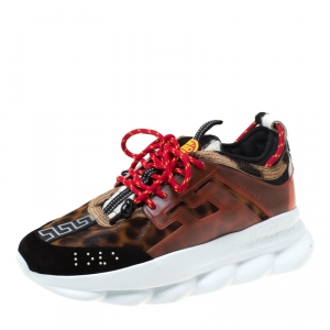 Versace Multicolour Leopard Print Calfhair and Rubber Chain Reaction Lace Up Sneakers Size 43