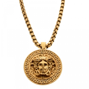 Versace Medusa Logo Medallion Gold Tone Chunky Pendant Necklace 