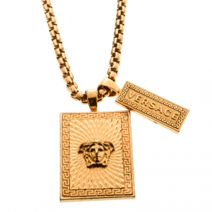 Versace Medusa Textured Tag Gold Tone Pendant Necklace