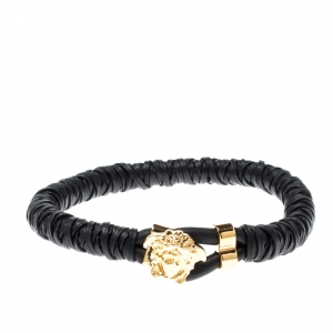 Versace Medusa Black Woven Leather Gold Tone Bracelet