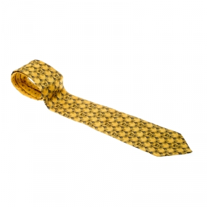 Pre Owned Gianni Versace Vintage Yellow Logo and Floral Patterned Silk Jacquard Tie
