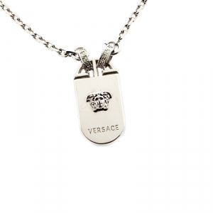 Versace Medusa Silver Tone Tag Pendant Necklace