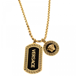 Versace Black Enamel Double Tag Gold Tone Chain Link Long Necklace