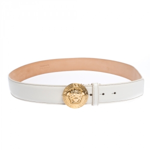 Pre Owned Versace White Leather Medusa Belt 105CM