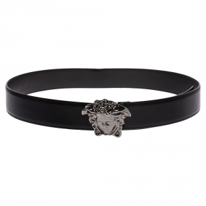 Pre Owned Versace Black Leather Medusa Buckle Belt 95CM