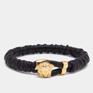 Versace Black Braided Leather Medusa Gold Tone Bracelet