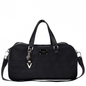 Versace Black Leather Trapuntato Duffle Travel Bag