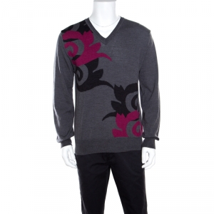 Pre Owned Versace Collection Grey Wool Patterned V-Neck Sweater L