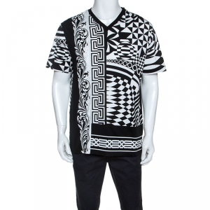 Pre Owned Versace Monochrome Optical Illusion Print Cotton V-Neck T-Shirt L