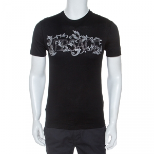Pre Owned Versace Black Cotton Logo Embroidered And Embellished T-Shirt XS