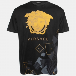 Versace Black Logo Print Cotton Crew Neck Half Sleeve T-Shirt M