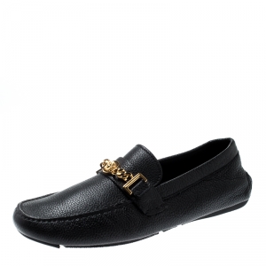 Versace Black Grained Leather Medusa Icon Chain Detail Loafers Size 42