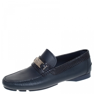 Versace Blue Leather Medusa Detail Slip On Loafers Size 41