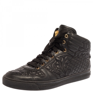 Versace Black Embroidered Leather Medusa High Top Sneakers Size 43