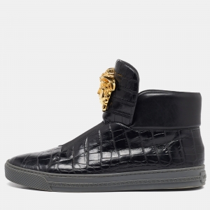 Versace Black Croc Embossed Leather Medusa High Top Sneakers Size 42