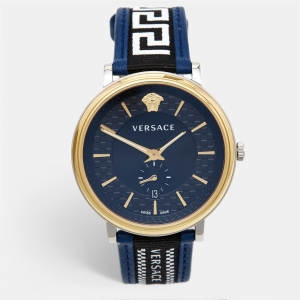 Versace Black Two Tone Stainless Steel Leather V-Circle VEBQ01419  Men's Wristwatch 42 mm