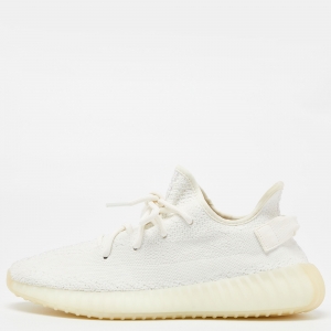 Pre Owned Yeezy x Adidas White Knit Fabric Boost 350 V2 Cream Sneakers Size 42 2/3