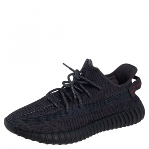 Pre Owned Yeezy x adidas Black Knit Fabric Boost 350 V2 Low Top Sneakers Size 45 1/3