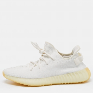 Pre Owned Yeezy x Adidas White Knit Fabric Boost 350 V2 Cream White Sneakers Size 48