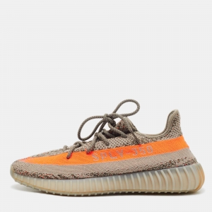 Pre Owned Yeezy x Adidas Grey/Neon Orange Knit Fabric Boost 350 V2 Beluga Reflective Sneakers Size 47 1/3