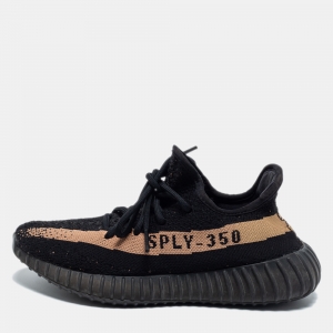 Pre Owned Yeezy x Adidas Black Knit Fabric Boost 350 V2 Copper Sneakers Size 38