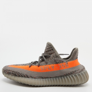 Pre Owned Yeezy x Adidas Grey/Orange Knit Fabric Boost 350 V2 Beluga Reflective Sneakers Size 41 1/3
