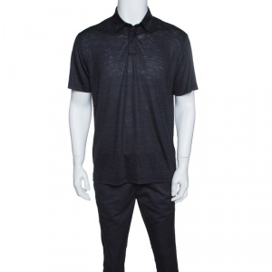 Z Zegna Techmerino Navy Blue Wool and Linen Slub Jersey Polo T-Shirt L