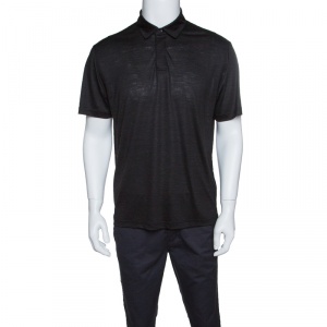 Z Zegna Techmerino Dark Grey Wool and Linen Slub Jersey Polo T-Shirt L