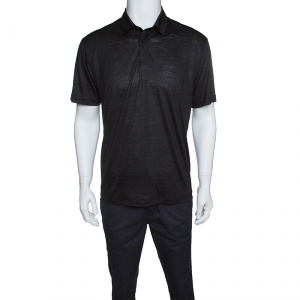 Z Zegna Techmerino Dark Grey Wool and Linen Slub Jersey Polo T-Shirt L