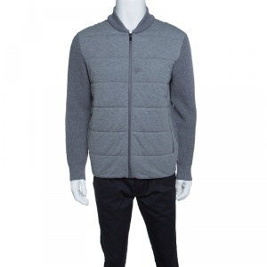 Z Zegna Grey Quilted Front Panel Chunky Knit Zip Front Cardigan L