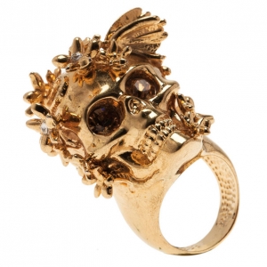 Alexander McQueen Gold Butterfly And Flower Skull Ring Size 53
