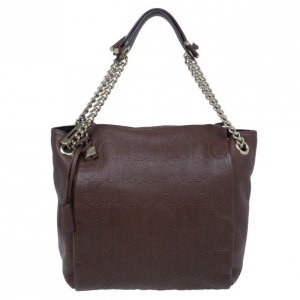 Pre Owned Carolina Herrera Brown Monogram Leather Shoulder Tote