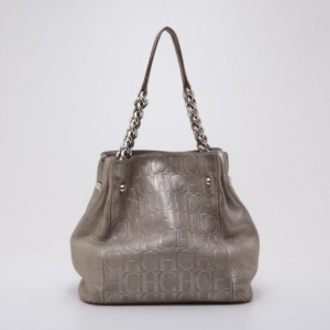 Pre Owned Carolina Herrera Monogram Chain Handle Tote Silver 