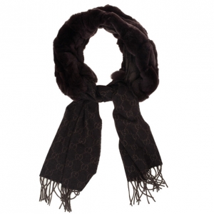 Pre Owned Gucci Brown Rabbit Fur &amp; GG Pattern Cashmere Scarf