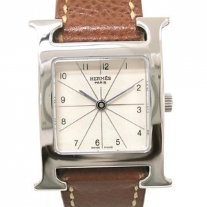 Hermes H Watch Wristwatch SS Leather Brown Ladies 