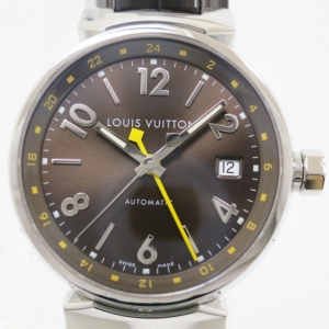 Louis Vuitton Tambour GMT SS Leather Mens Wristwatch 38 MM