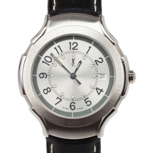 Yves Saint Laurent SS Leather Silver Trim Womens Wristwatch 36 MM