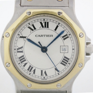 Pre Owned Cartier Santos Octagon 18 K Yellow Gold Steel Unisex Wristwatch 30 MM