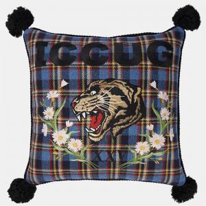 Gucci Blue Tiger Embroidered Tartan Wool Blend Cushion