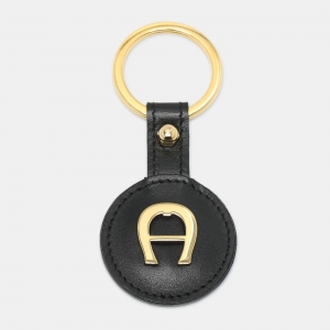 Pre Owned Aigner Key Ring Black Leather and Gold Tone Metal