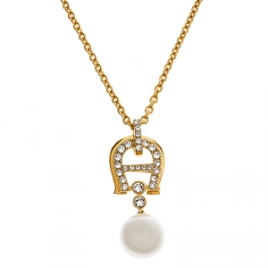 Aigner Crystal Faux Pearl Gold Plated Long Pendant Necklace
