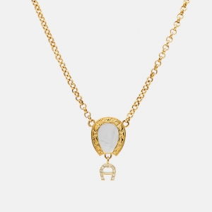Aigner Gold Tone Mother of Pearl Crystal Logo Pendant Necklace