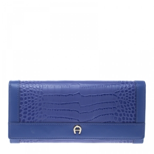 Pre Owned Aigner Purple Croc Embossed Continental Wallet