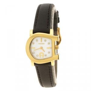 Pre Owned Aigner White Mother of Pearl Gold Plated Stainless Steel Genua Due A31000 Women's Wristwatch 26 mm