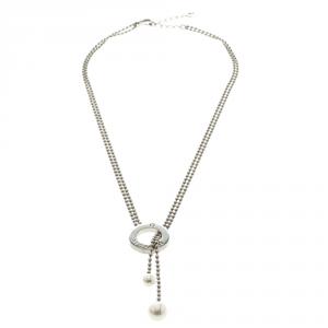 Aigner Faux Pearl Beaded Silver Tone Lariat Loop Necklace