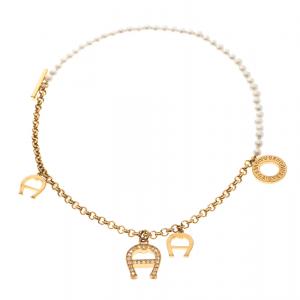 Aigner Faux Pearl Crystal Gold Tone Toggle Bracelet