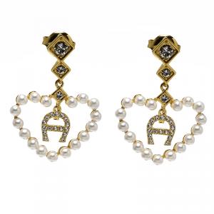 Pre Owned Aigner Heart Faux Pearl Gold Tone Drop Earrings